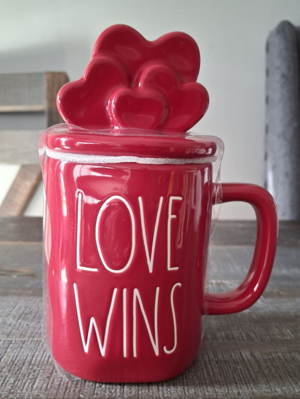 NWT Rae Dunn Red "Love Wins" Heart Topper Mug